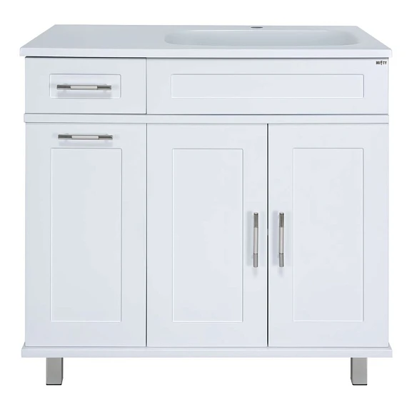 Тумба с раковиной Misty Купер 90 R белая с бельевой корзиной