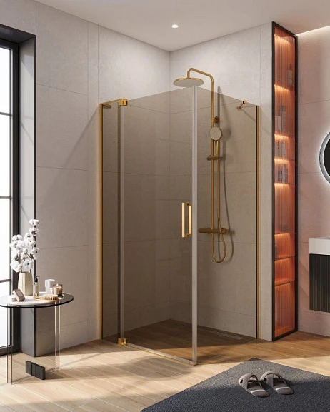 Душевой уголок Cezares Slider 70/80*80*195 профиль брашированное золото стекло бронзированное без поддона