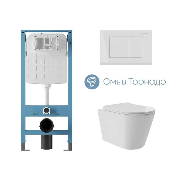 Комплект инсталляции Aqueduto Tecnica Novo с безободковым унитазом Cone Plus Tornado белый глянец, клавиша смыва Quadrado белый глянец