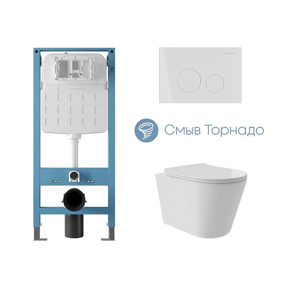 Комплект инсталляции Aqueduto Tecnica Novo с безободковым унитазом Cone Plus Tornado белый глянец, клавиша смыва Circulo белый глянец