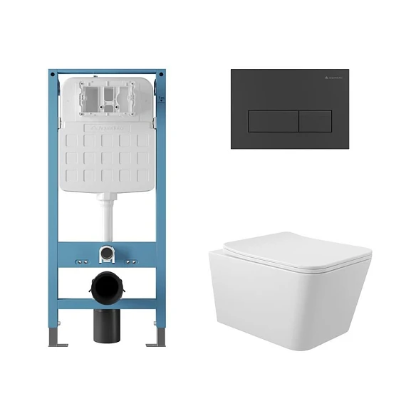 Комплект инсталляции Aqueduto Tecnica Novo с безободковым унитазом Macio белый глянец, клавиша смыва Retangulo Novo черная матовая