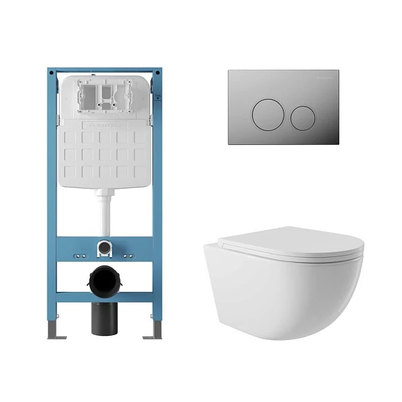 Комплект инсталляции Aqueduto Tecnica Novo с безободковым унитазом Ovo белый глянец, клавиша смыва Circulo глянцевый хром
