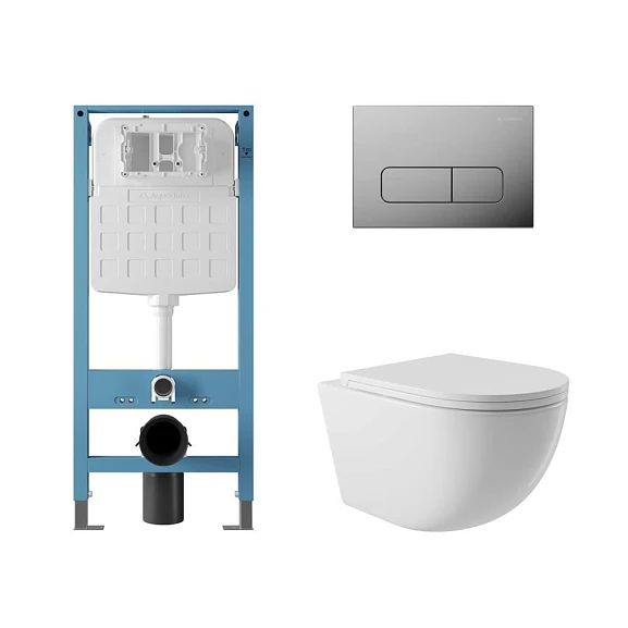 Комплект инсталляции Aqueduto Tecnica Novo с безободковым унитазом Ovo белый глянец, клавиша смыва Forma глянцевый хром