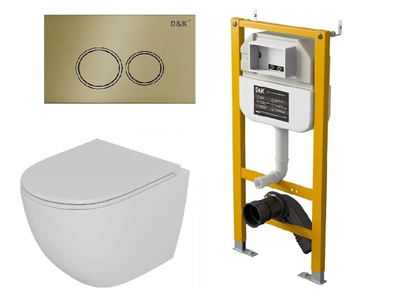 Комплект инсталляции D&K DI8050127 с безободковым унитазом Matrix Торнадо, клавиша смыва Bayern матовое золото