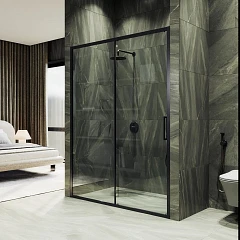 Душевая дверь в нишу MaybahGlass 150*195 профиль черный матовый стекло прозрачное без поддона